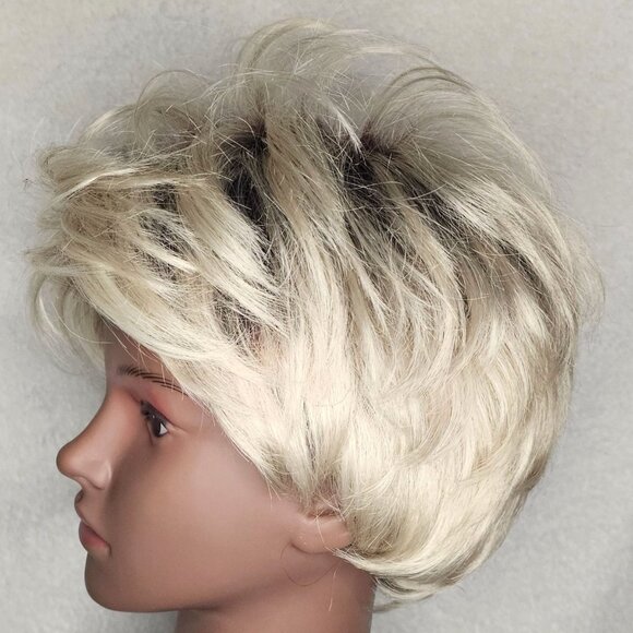 Wigyy Silver Grey Short Pixie Synthetic Wig Bangs Daily Wear Heat Resistant - Picture 3 of 7